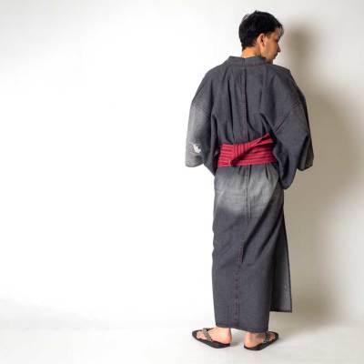 着物+帯+下駄+腰紐】デニム着物浴衣メンズ・ブラック